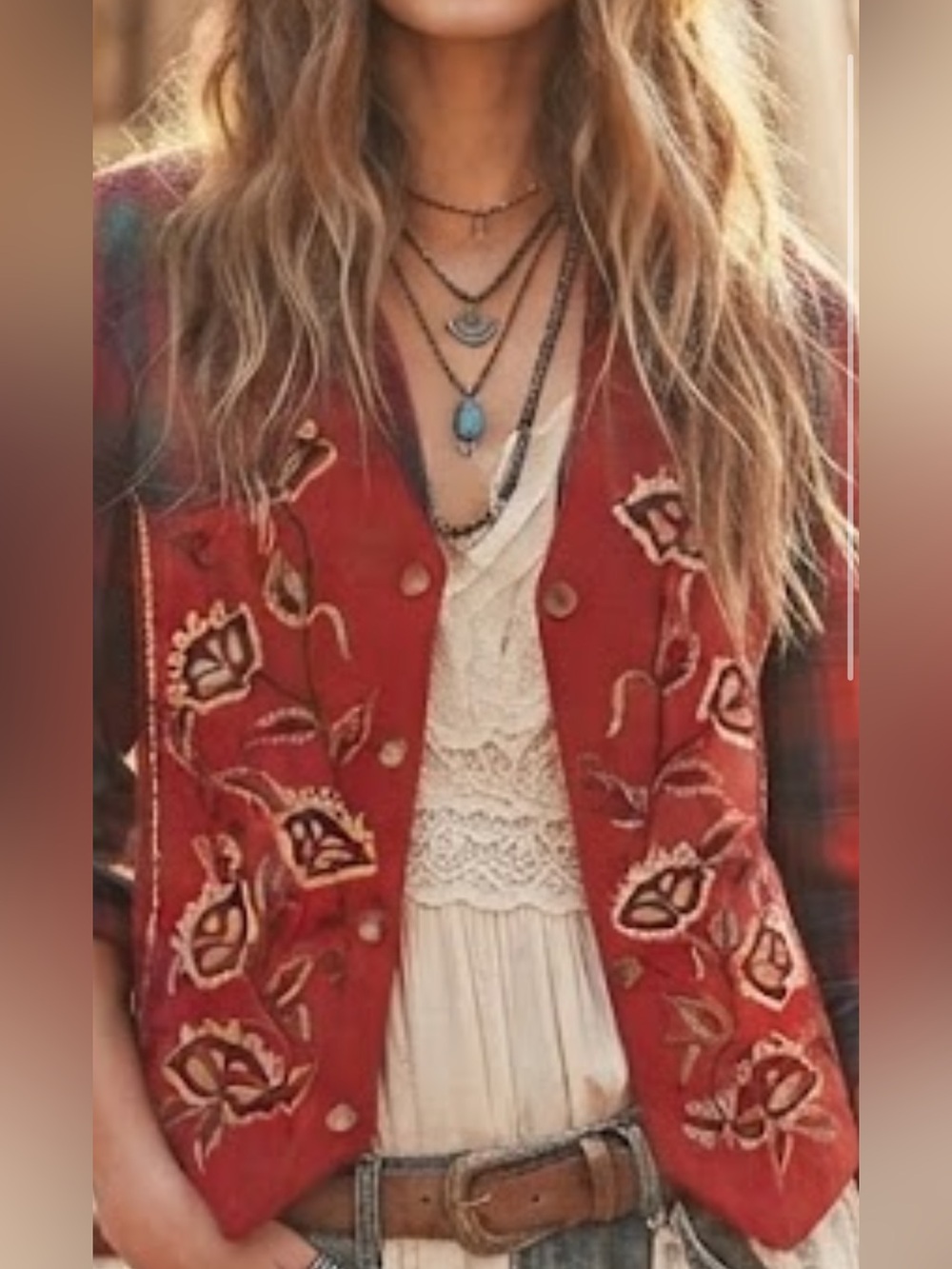 Vintage Red Wool Embroidered Folk Vest Boho Western Sz M